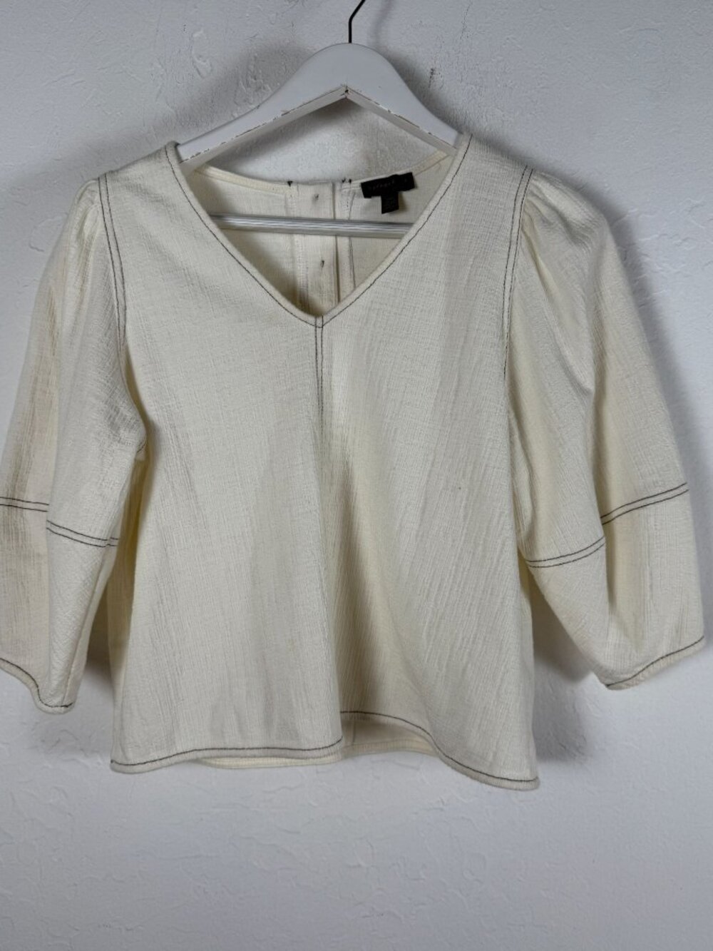 Anthropologie Current Air Womens Ivory Textured V‑Neck Puff Sleeve Blouse XSP